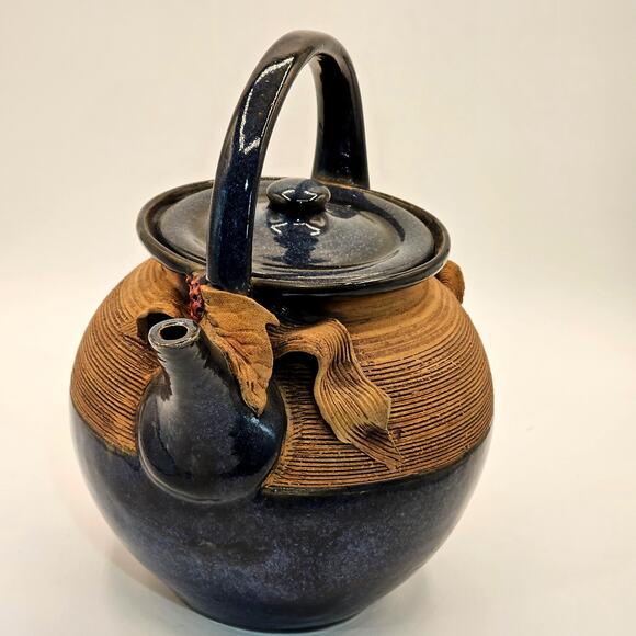 Signed Vintage Ribbed Studio Pottery Teapot with Lid - Floral Berry Accents - Picture 4 of 8